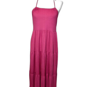 See You Monday Ribbed Halter Neck Tiered Maxi Dress Fuchsia Pink M